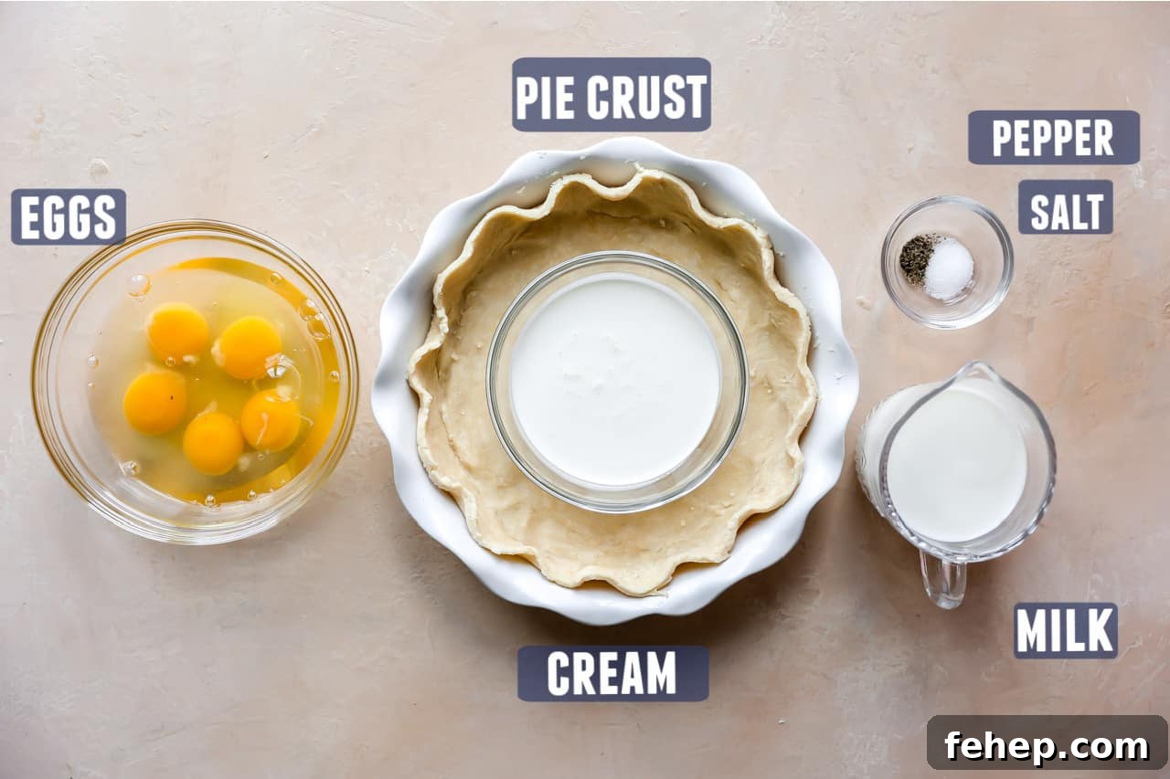 Classic French Quiche Recipe: Flaky Crust and Creamy Filling 3 Ingredients needed for a basic quiche recipe laid out on the counter.