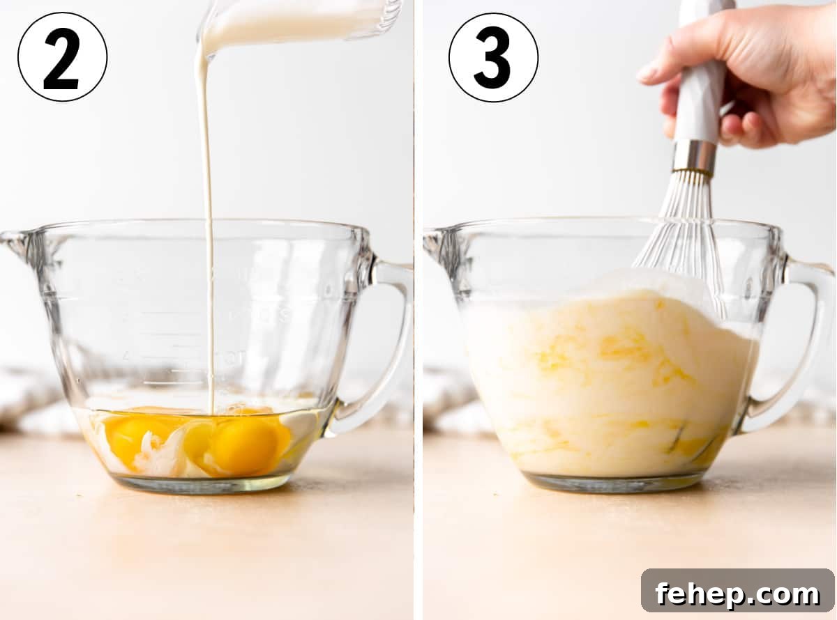 Classic French Quiche Recipe: Flaky Crust and Creamy Filling 5 Collage showing how to measure out eggs and milk into a large measuring cup.