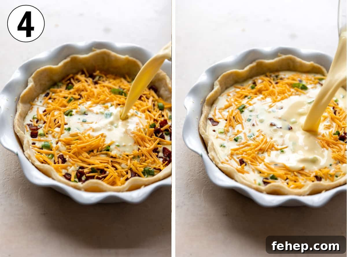 Classic French Quiche Recipe: Flaky Crust and Creamy Filling 6 Pouring egg mixture into a pie dish with a baked pie crust and filled with bacon, cheese and green onion.