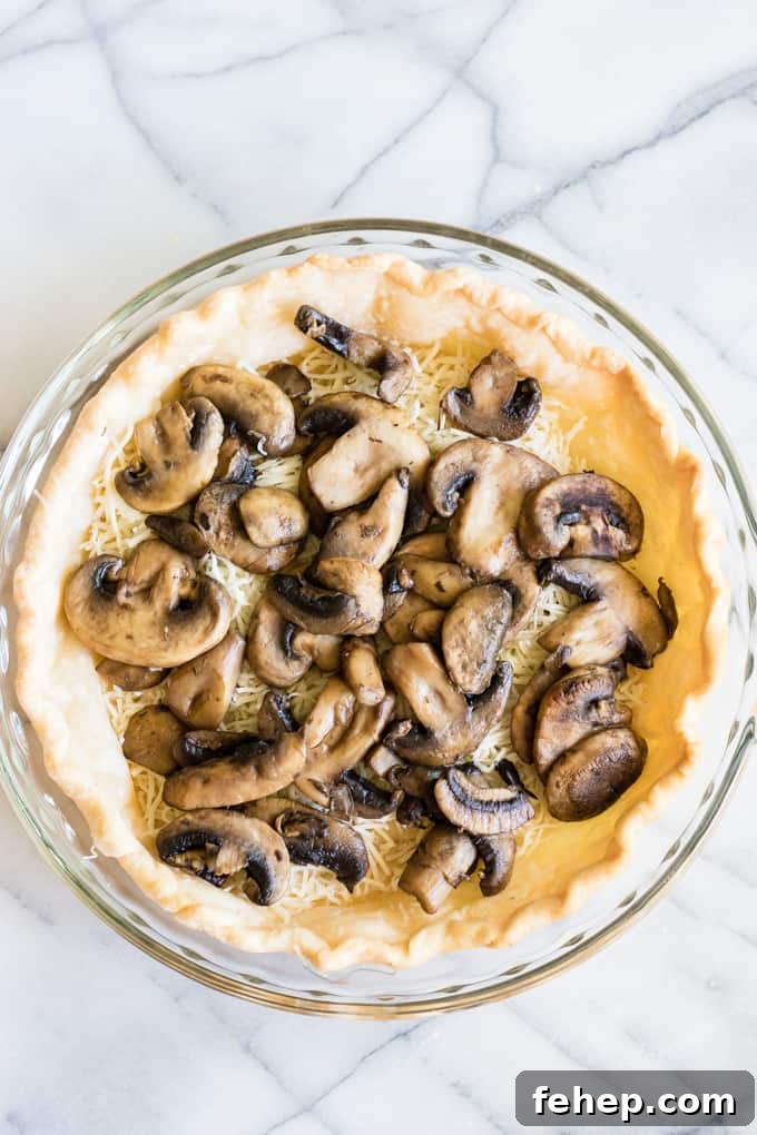Classic French Quiche Recipe: Flaky Crust and Creamy Filling 7 Pie crust with cooked mushrooms.