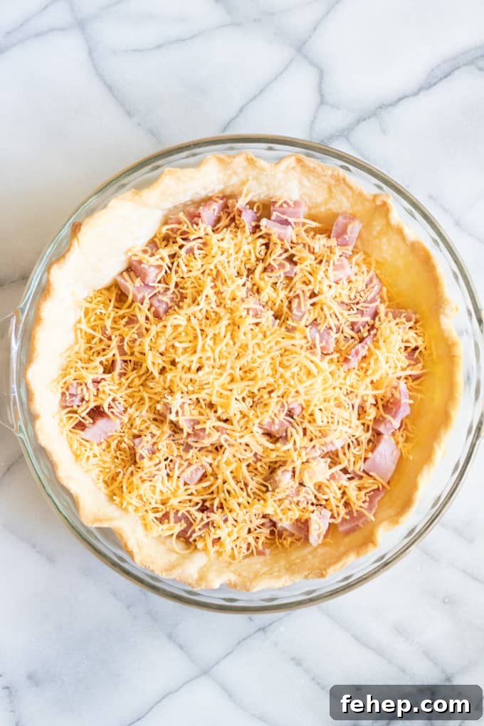 Classic French Quiche Recipe: Flaky Crust and Creamy Filling 8 Pie crust with ham and cheese.