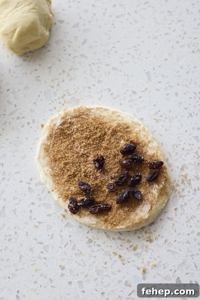 Dough piece sprinkled with cinnamon sugar and raisins.