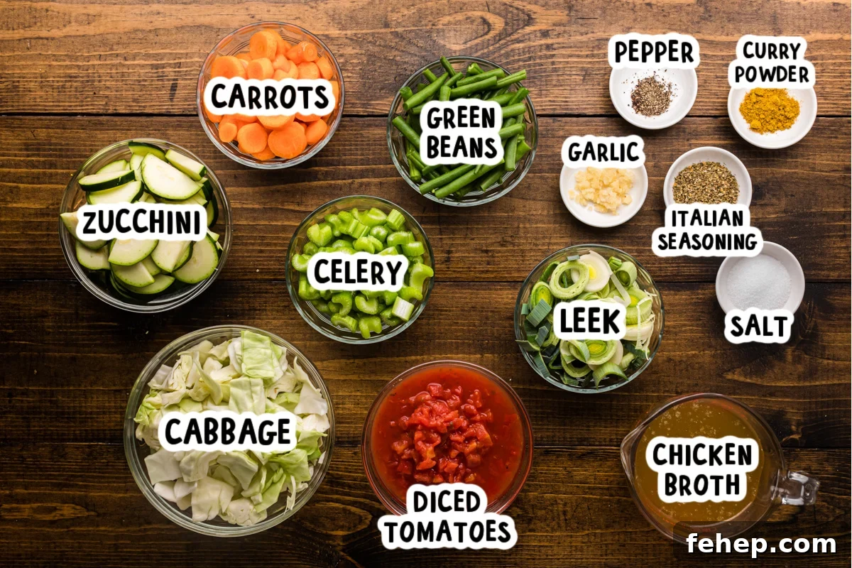Ingredients for slow cooker weight loss soup on a table.