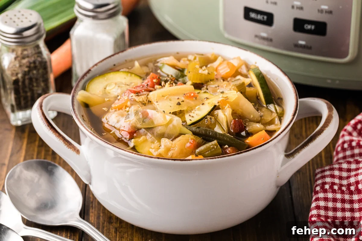 A serving of slow cooker weight loss soup in a white bowl.