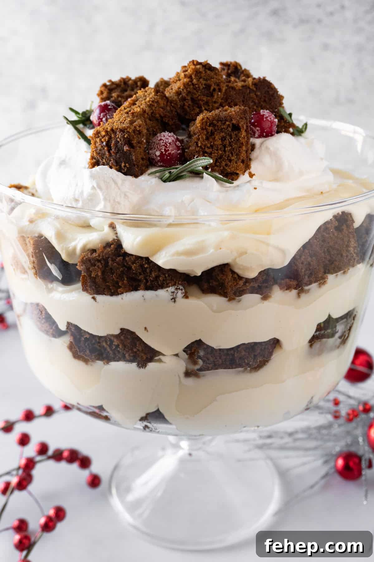 Gingerbread Trifle Recipe: Festive Layered Dessert for Holidays 2 Gingerbread Trifle in Trifle dish showing beautiful distinct layers of cake, pudding, and whipped topping fluff.