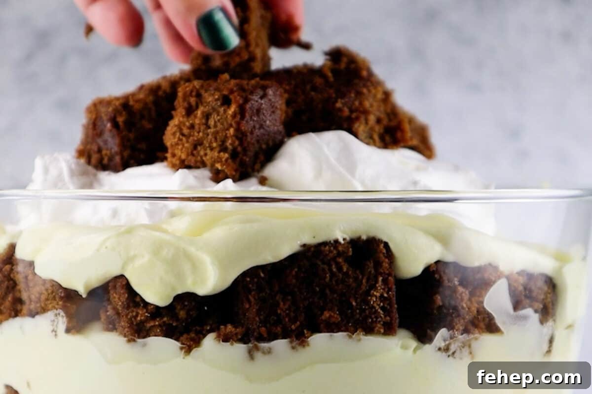 Gingerbread Trifle Recipe: Festive Layered Dessert for Holidays 17 adding cubed gingerbread cake to top of trifle.