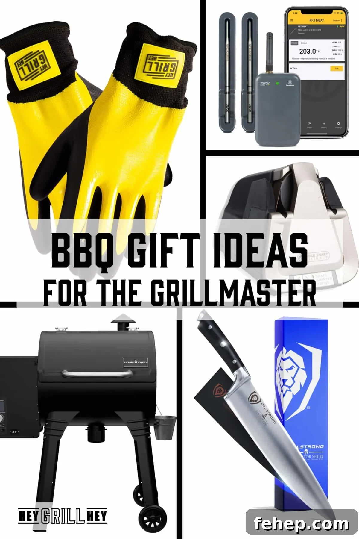 Perfect BBQ Gift Ideas for the Grillmaster This Season 2 A collage of various grill gifts. The text overlay reads 'BBQ Gift Ideas for the Grill Master' in the middle, and 'Hey Grill Hey' at the bottom.
