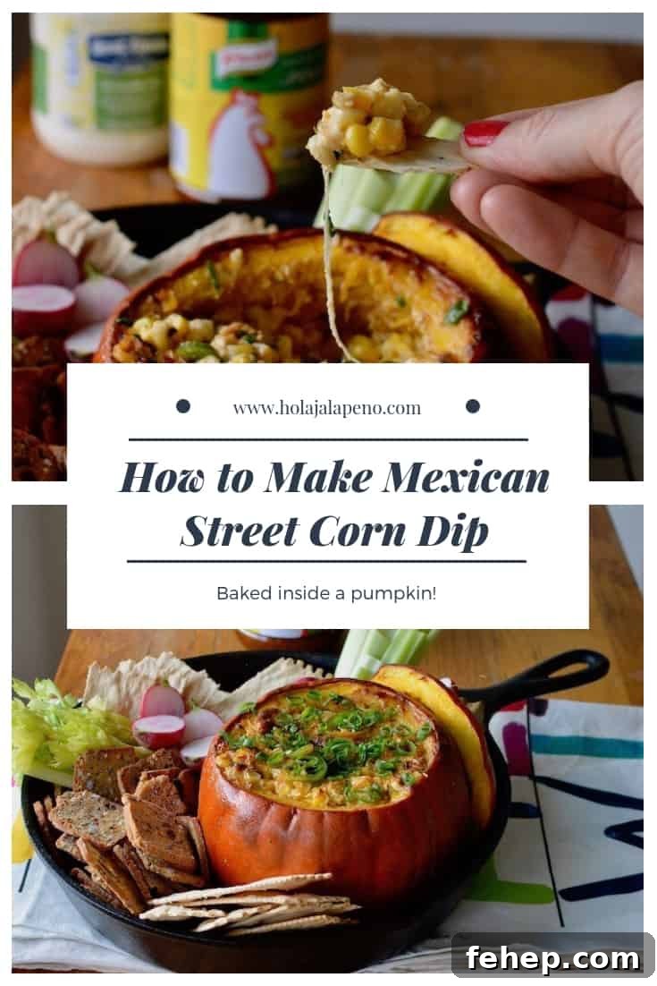 Baked Pumpkin Dip with Mexican Street Corn Flavor 8 This Mexican Street Corn Dip baked in a pumpkin is our new go-to appetizer for fall. Creamy, cheesy corn with layers of spice is delicious and adorable too! #mexicanstreetcorn #hotcorndip #elotes #pumpkindip