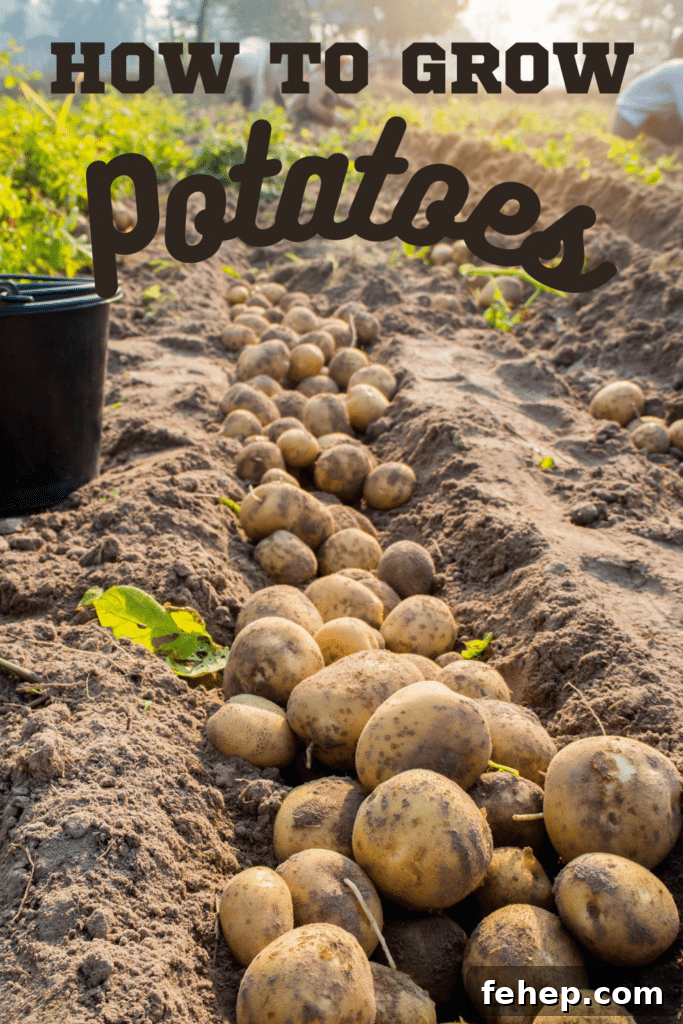 Grow Potatoes at Home: A Complete Guide for Gardeners 5 growing potatoes and Potato Harvest laying in dirt with text