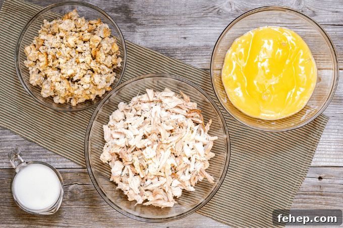 Simple 3-Step Leftover Turkey Casserole Recipe 3 Top shot of Ingredients including shredded turkey, stuffing, chicken soup and milk