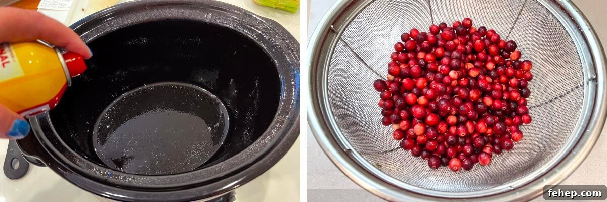 spraying the crock, cranberries in strainer