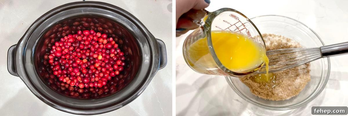 cranberries in crock, adding OJ to sugar
