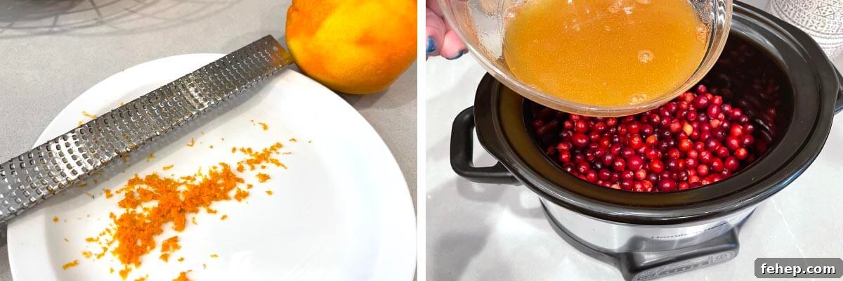 grated orange peel on white plate, adding sugar juice to berries