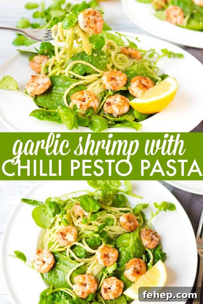 Garlic Shrimp with Chilli Pesto Pasta - Skip the jarred spaghetti sauce! Homemade pesto is the best complement for these sweet and spicy shrimp on a bed of noodles and baby spinach.
