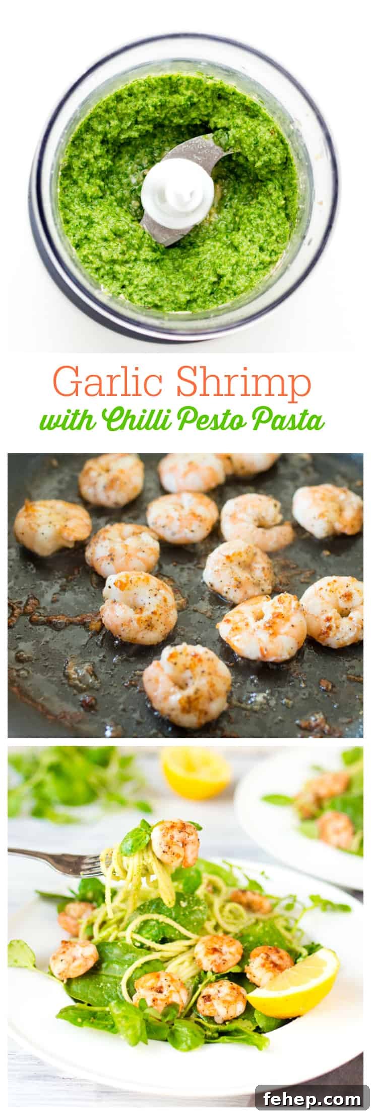 Garlic Shrimp with Chilli Pesto Pasta - Skip the jarred spaghetti sauce! Homemade pesto is the best complement for these sweet and spicy shrimp on a bed of noodles and baby spinach.
