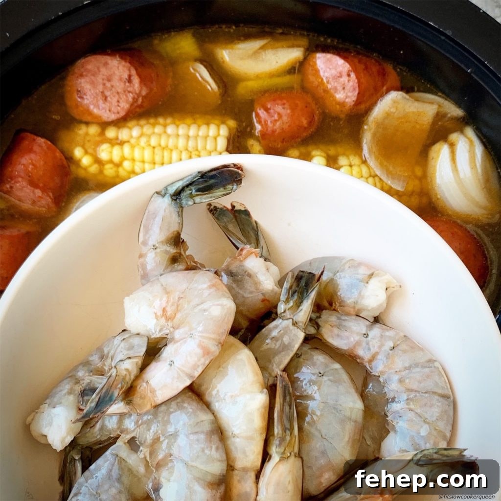 adding shrimp to the slow cooker