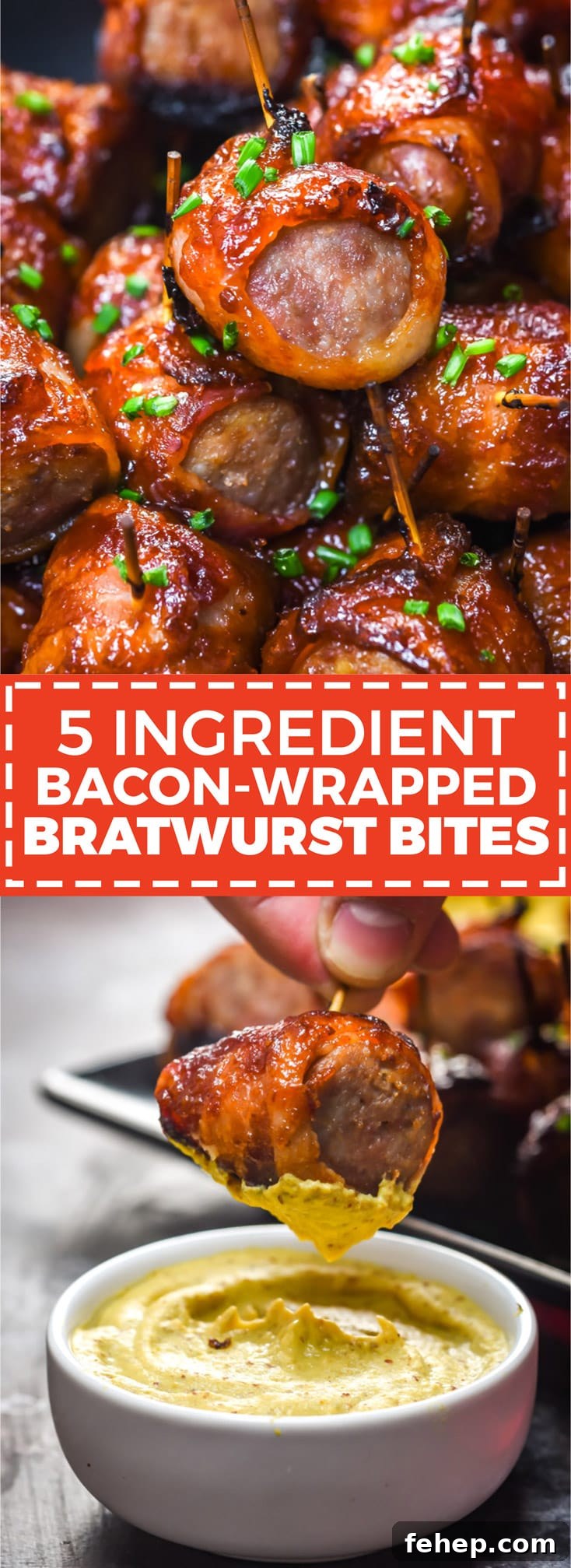 Bacon-Wrapped Brat Bites with 5 Simple Ingredients 3 5 Ingredient Bacon-Wrapped Bratwurst Bites. Just wait til you see how easy these sweet, spicy, smoky appetizer bites are to make! | hostthetoast.com