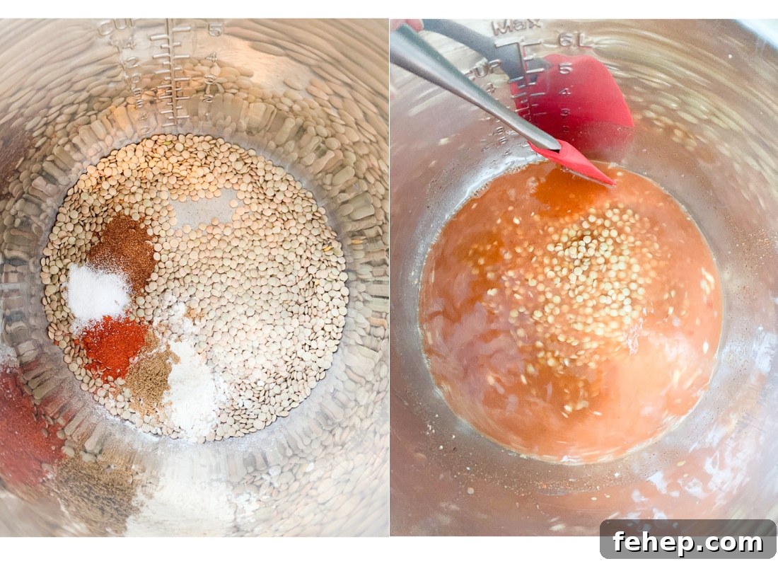 a photo collage of lentils and spices in an instant pot preparing to be cooked.