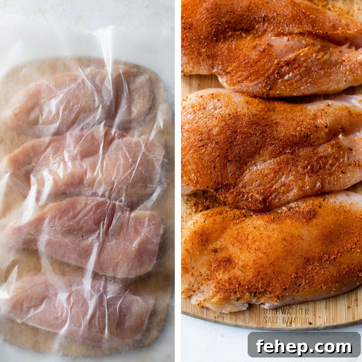 2 images: the left image shows raw chicken on a cutting board with wax paper on top and a meat tenderizer to the side and the right image shows seasoned chicken breasts on a cutting board