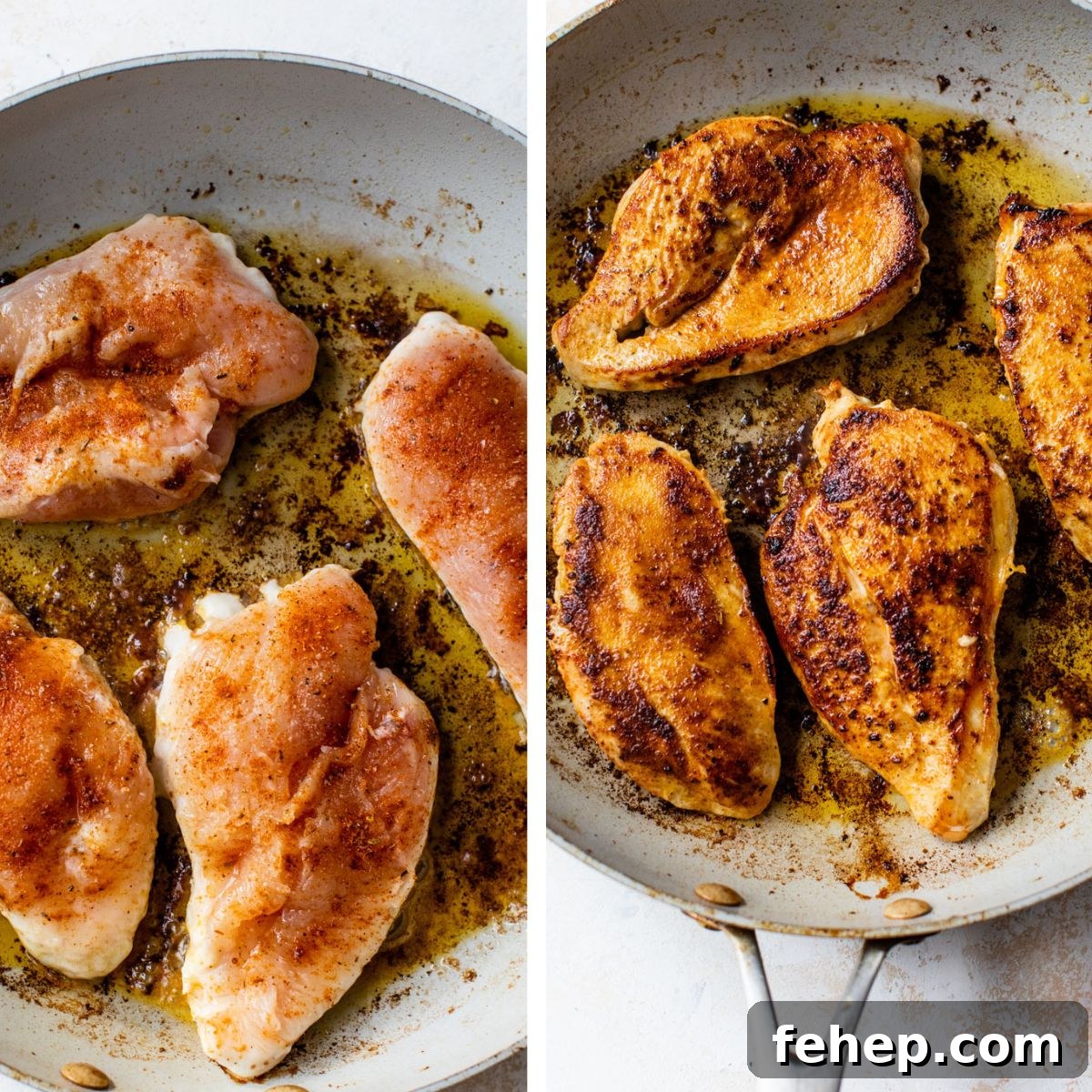 2 images: the left image shows four raw and seasoned chicken breasts cooking in a large skillet and the right image shows the chicken breasts cooking on the other side