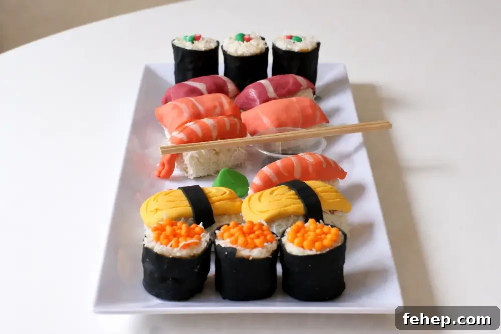 Assembled sweet sushi pieces arranged on a serving plate.