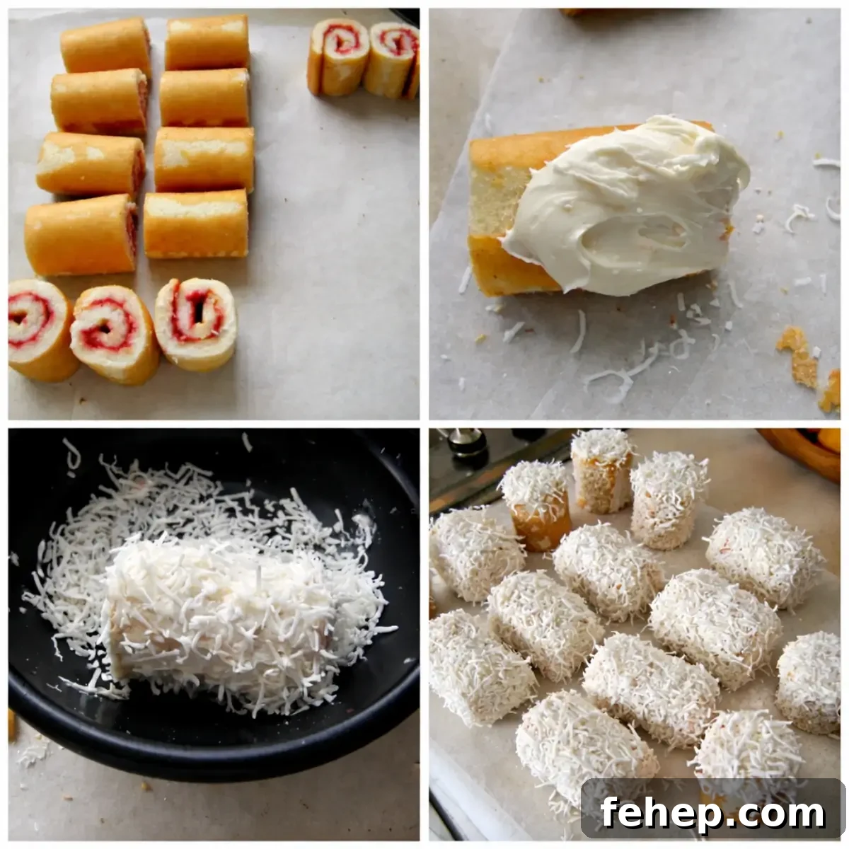 Swiss roll pieces being iced and coated in shredded coconut to resemble sushi rice.