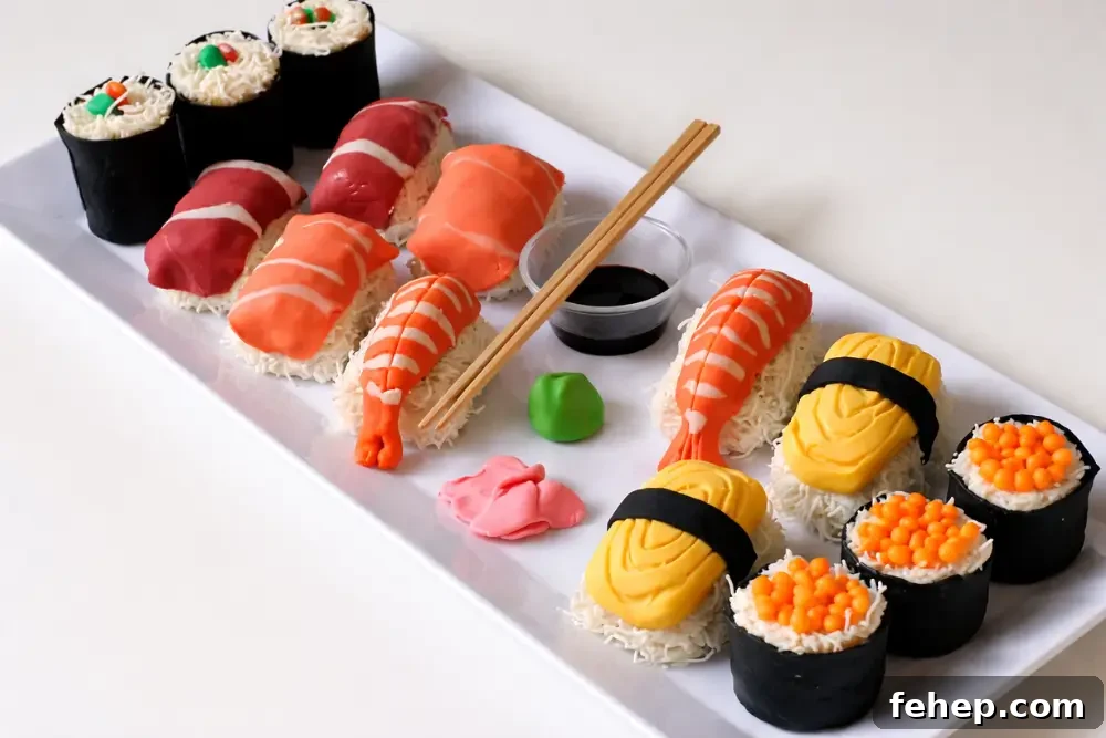 Sweet sushi platter arranged with fondant toppings, coconut-coated rolls, and chopsticks on the side.