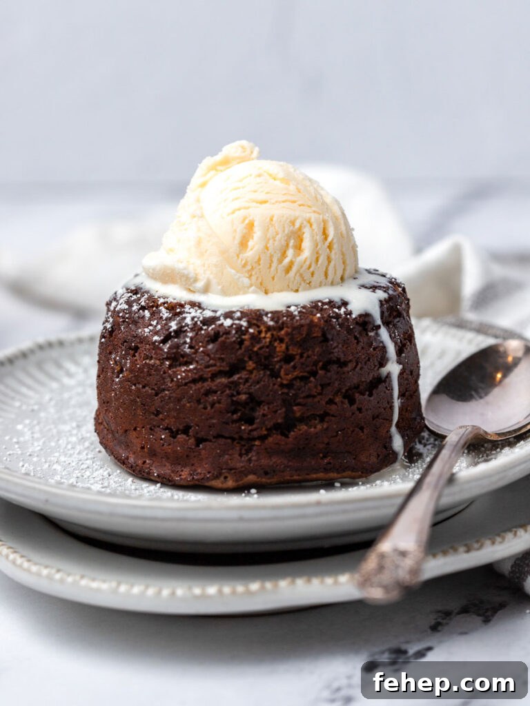 A chocolate molten lava cake with ice cream on top.