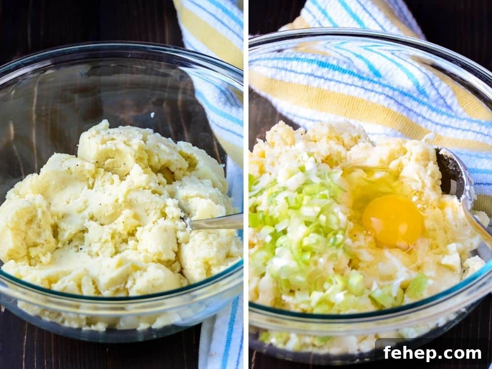 leftover mashed potatoes, eggs and scallions being mixed in a bowl.