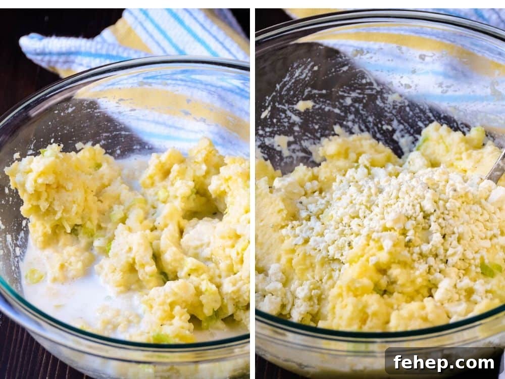 Adding milk and blue cheese crumbles to the recipe.