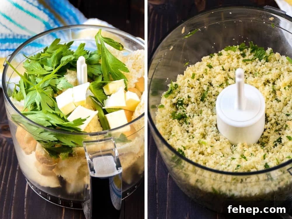 Making herb buttered bread crumbs.