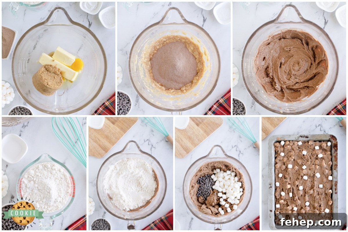 Step by step instructions on how to make Hot Cocoa Chocolate Chip Cookie Bars