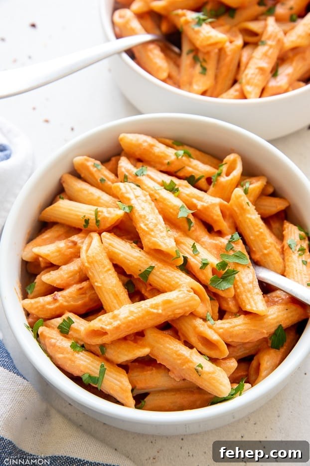 dairy free penne vodka close-up of a bowl of vegan penne vodka sprinkled with parsley