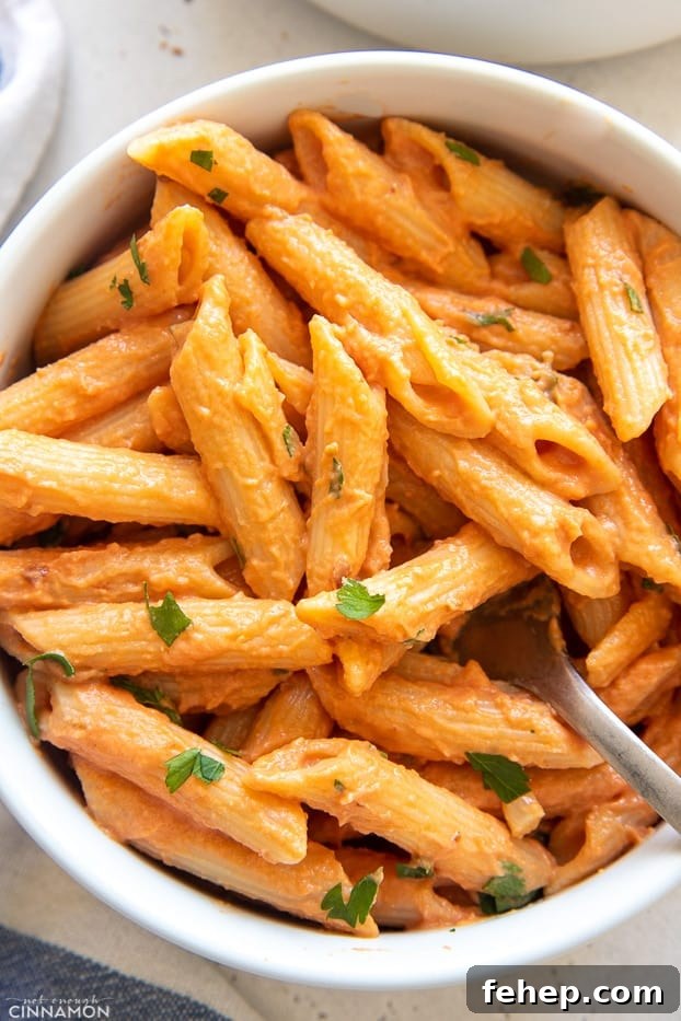 dairy free penne vodka overhead shot of a bowl of vegan dairy free penne vodka in a white bowl