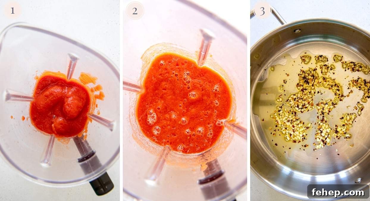 dairy free penne vodka picture collage demonstrating how to blend tomatoes and fry garlic for making dairy free vodka sauce recipe