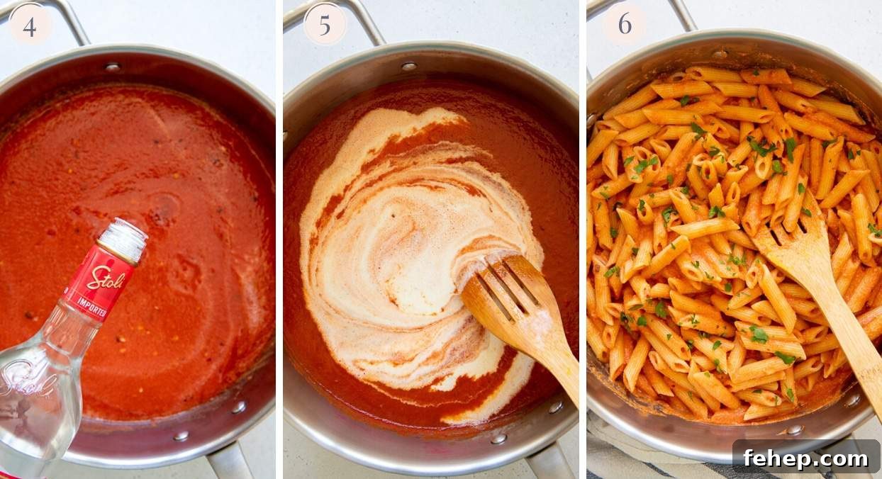 dairy free penne vodka vodka, cashew cream and penne pasta being added to dairy free creamy vodka sauce in a silver pot