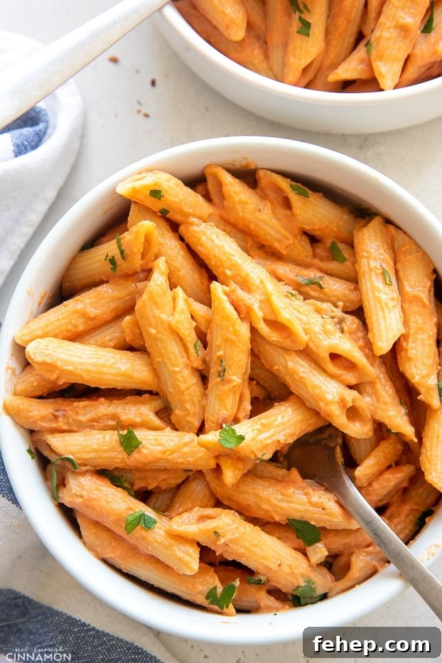 dairy free penne vodka overhead close-up of vegan penne vodka sprinkled with parsley