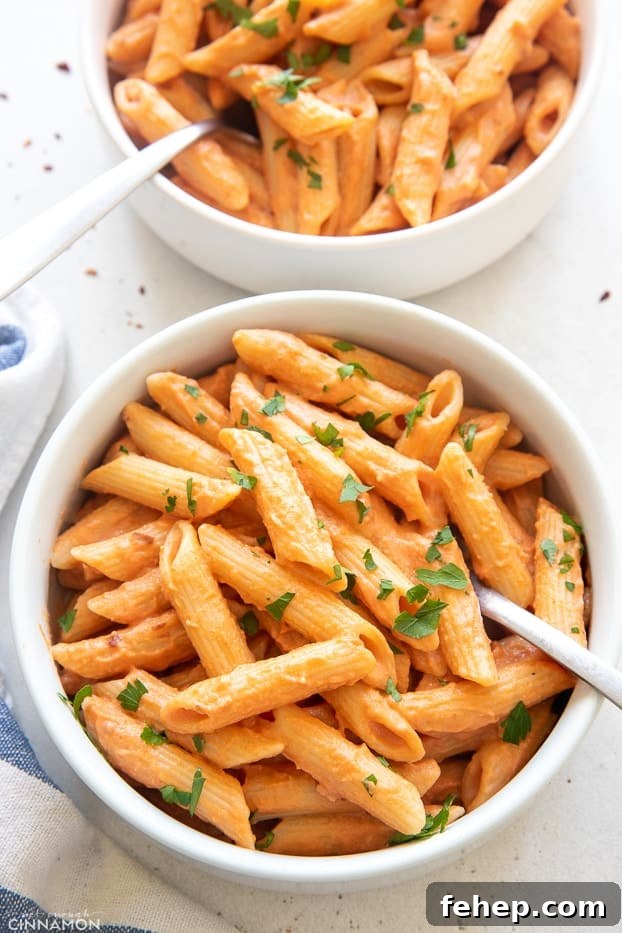 dairy free penne vodka two servings of dairy free penne alla vodka served in pasta bowls