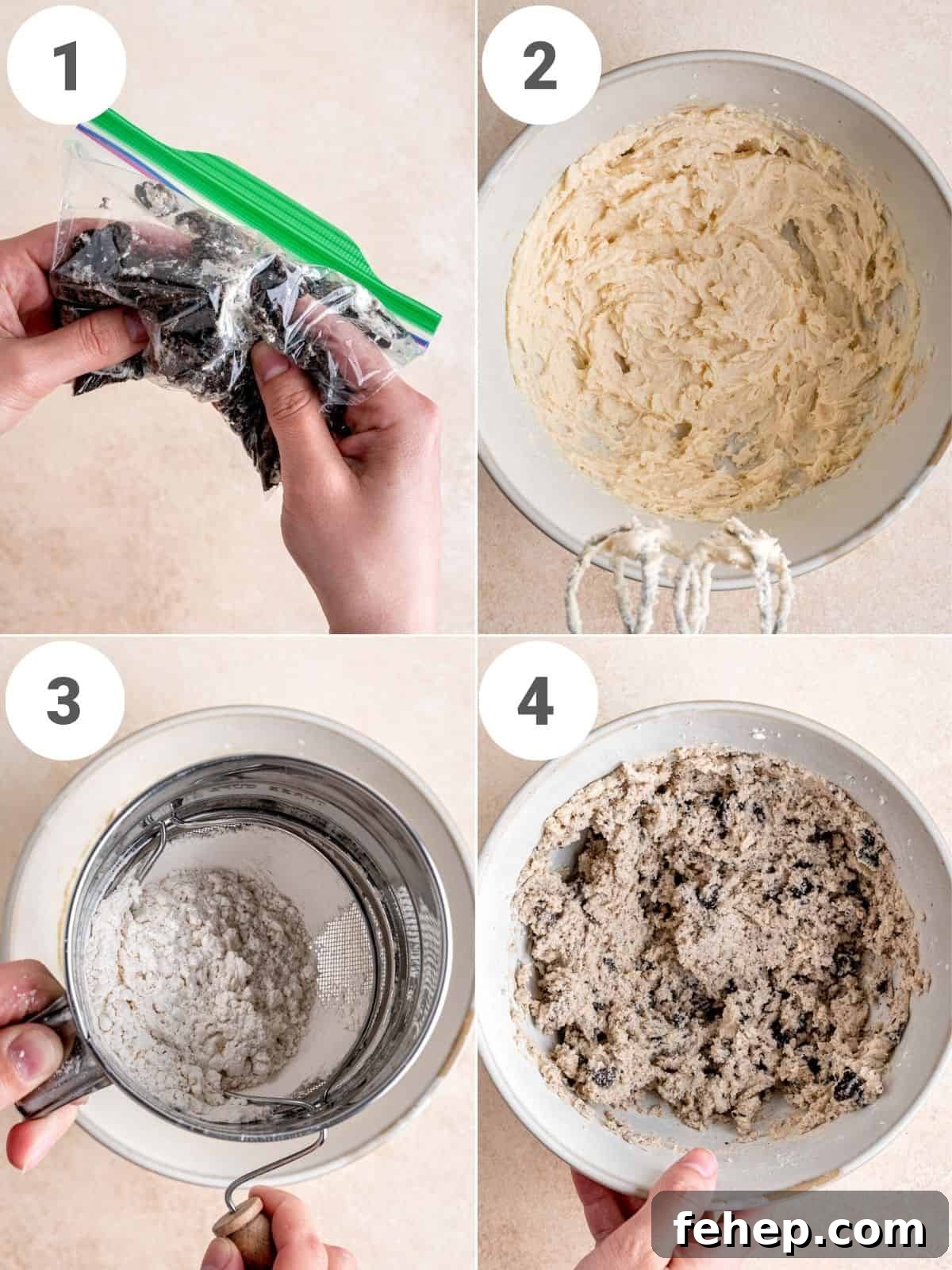 Edible Cookies and Cream Cookie Dough Recipe for Safe Snacking 4 A 4-photo collage showing how to make edible cookie dough with Oreos.