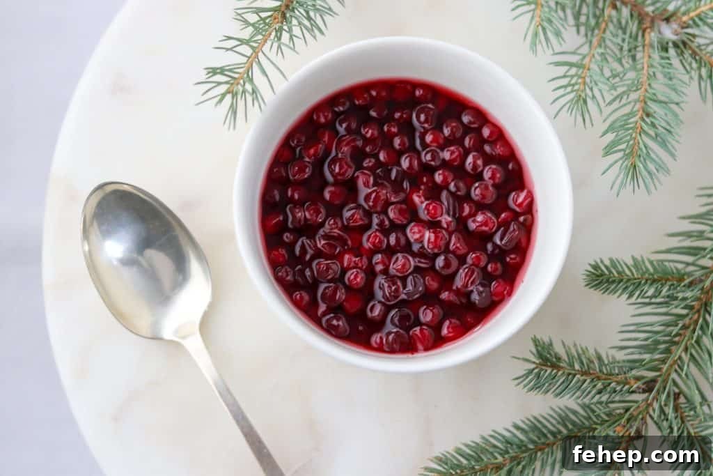Modern Scandinavian Christmas Eve Smorgasbord Menu Ideas 13 Bowl of lingonberries with a spoon and evergreen branches