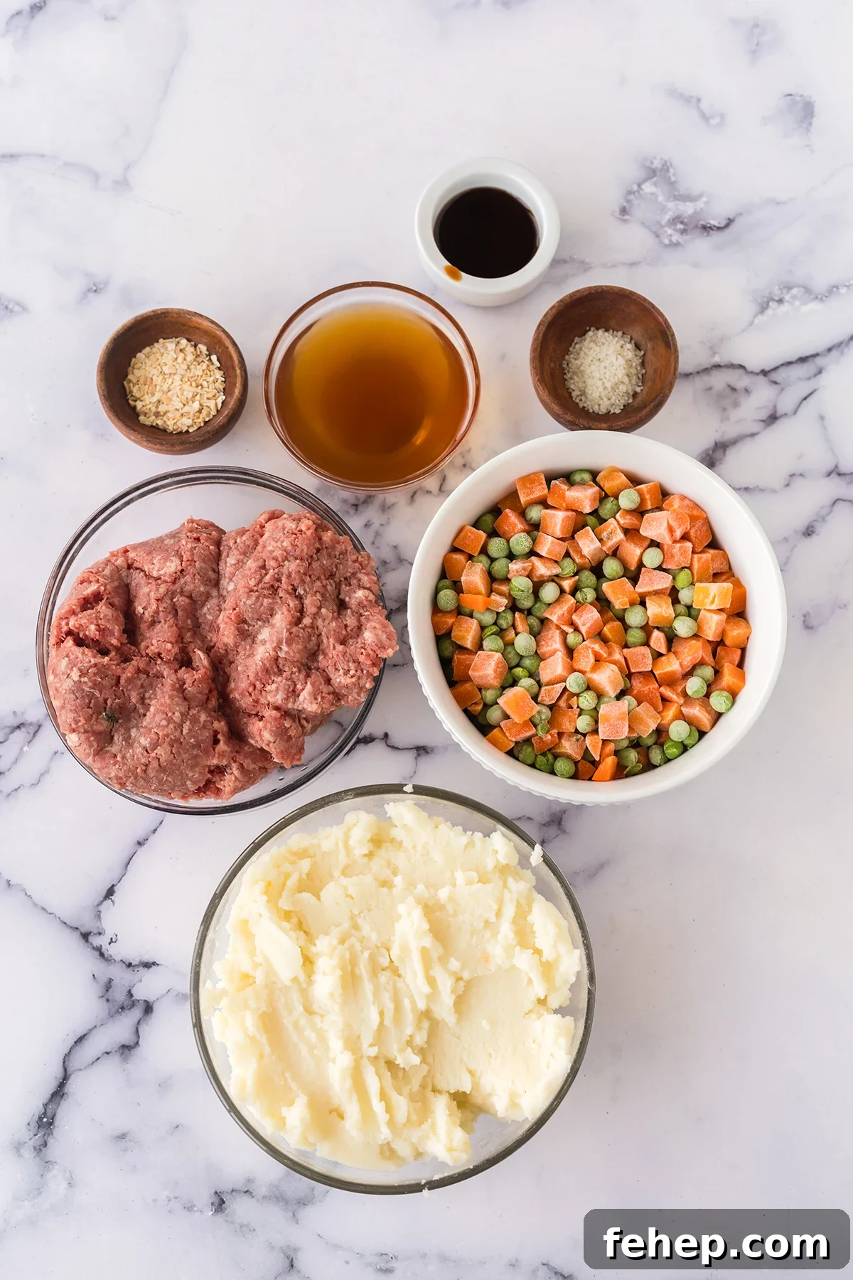 Ingredients to make Shepherd's Pie set out on counter top.
