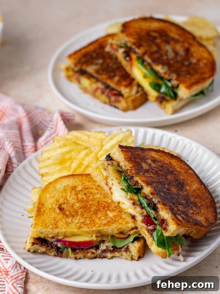 Gruyère Grilled Cheese with Fig Jam and Apple Slices 11 gruyere grilled cheese with apple, fig, bacon and arugula on a plate with potato chips