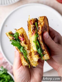hands holding a gruyere grilled cheese sandwich with bacon, apple and fig