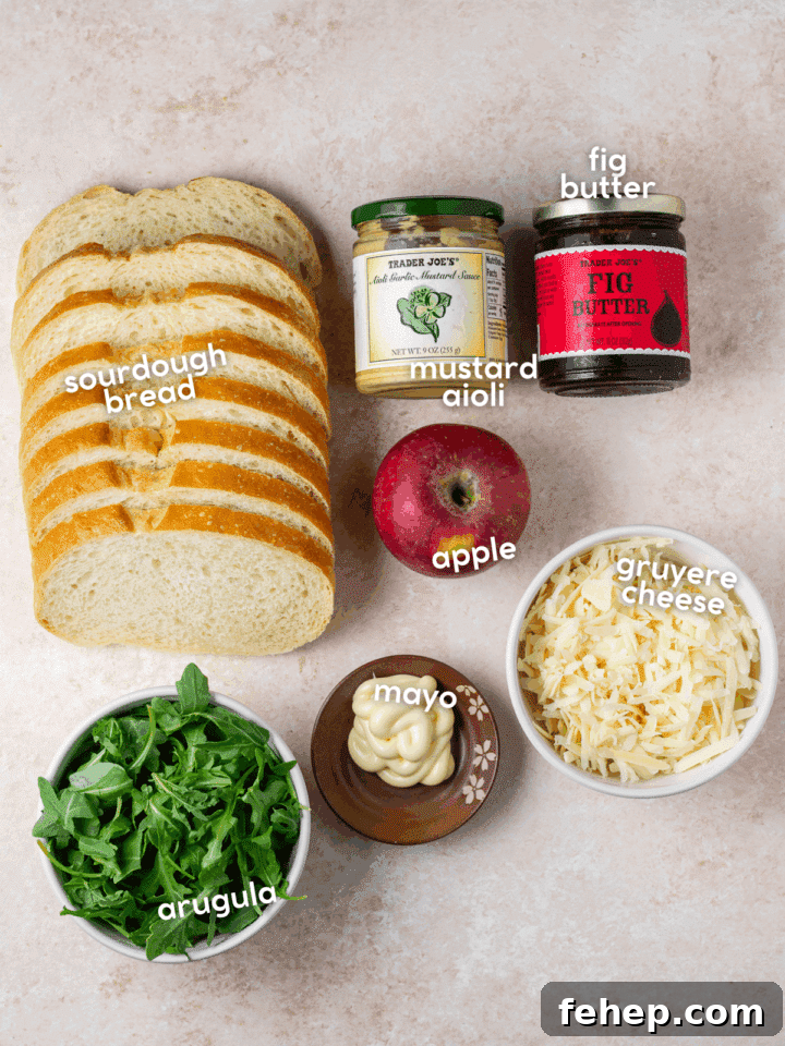 Gruyère Grilled Cheese with Fig Jam and Apple Slices 3 picture of the ingredients needed to make gruyere grilled cheese sandwiches