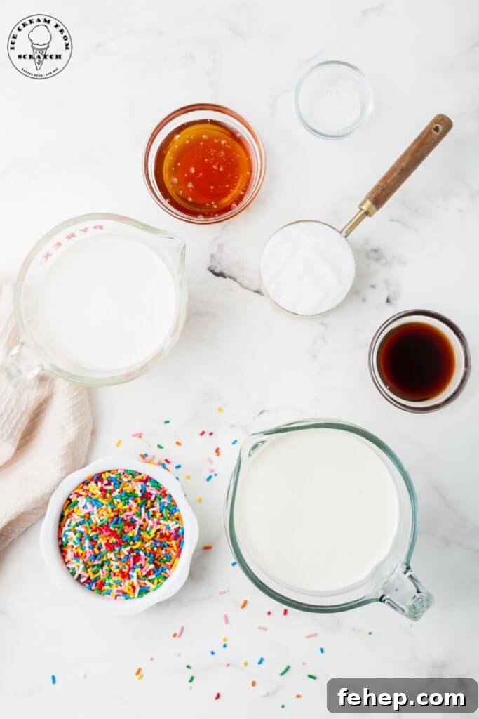Ingredients for Sprinkles ice cream, all in separate bowls.