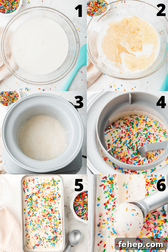 photo collage showing six steps needed to make sprinkles ice cream with an ice cream maker