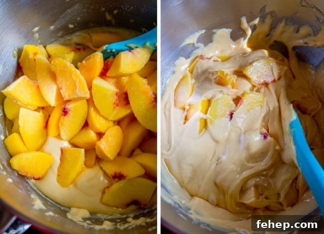 mixing frozen peaches into cake batter.