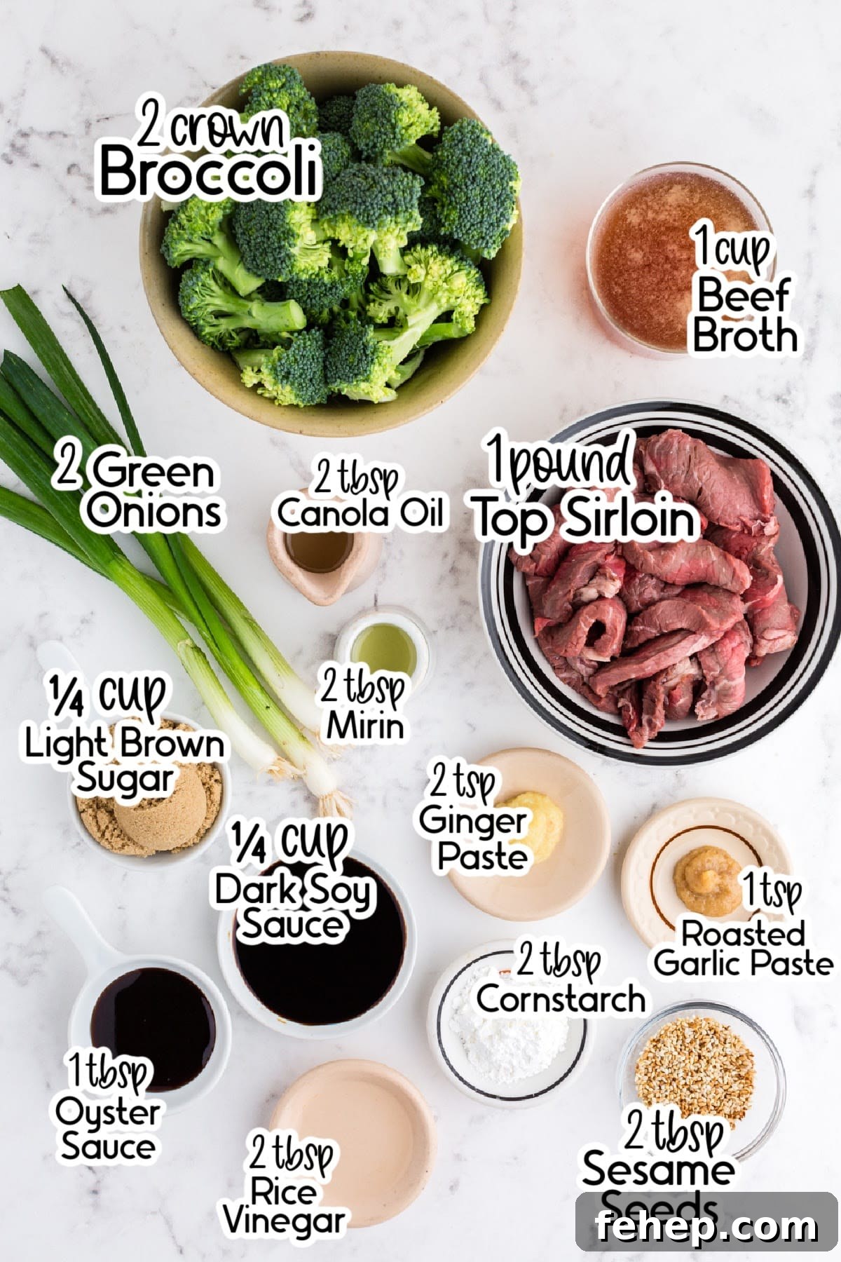 Panda Express Beef and Broccoli Recipe (Copycat Version) 3 Individual ingredients for making a copycat Panda Express beef and broccoli dish, with text labels on each ingredient.