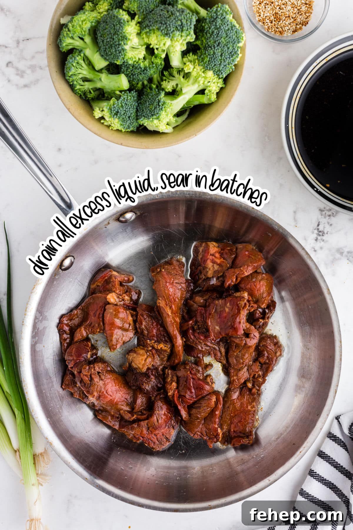 Panda Express Beef and Broccoli Recipe (Copycat Version) 6 Marinated beef added to skillet, with broccoli in bowl, and text "drain all excess liquid, sear in batches".