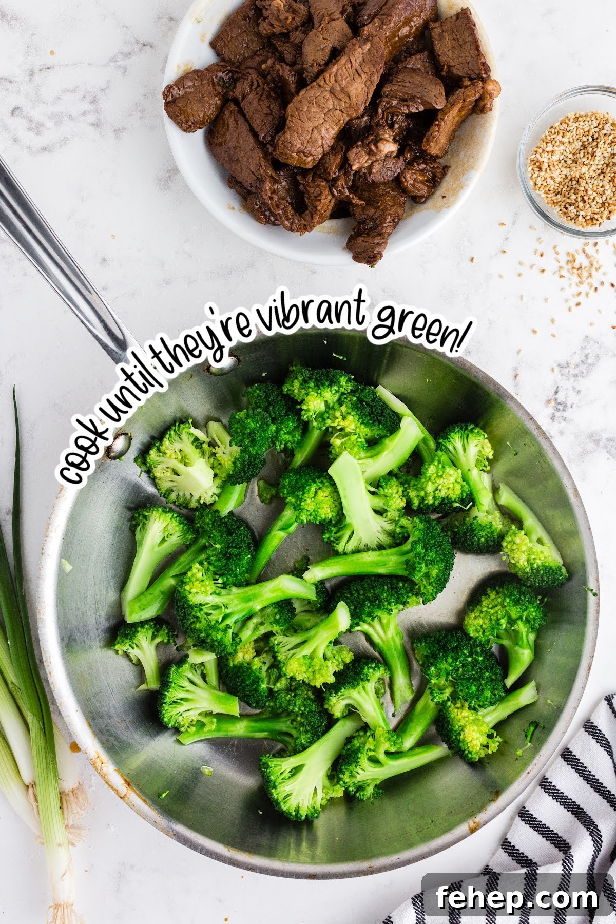 Panda Express Beef and Broccoli Recipe (Copycat Version) 8 Raw broccoli added to saute pan for beef and broccoli recipe.